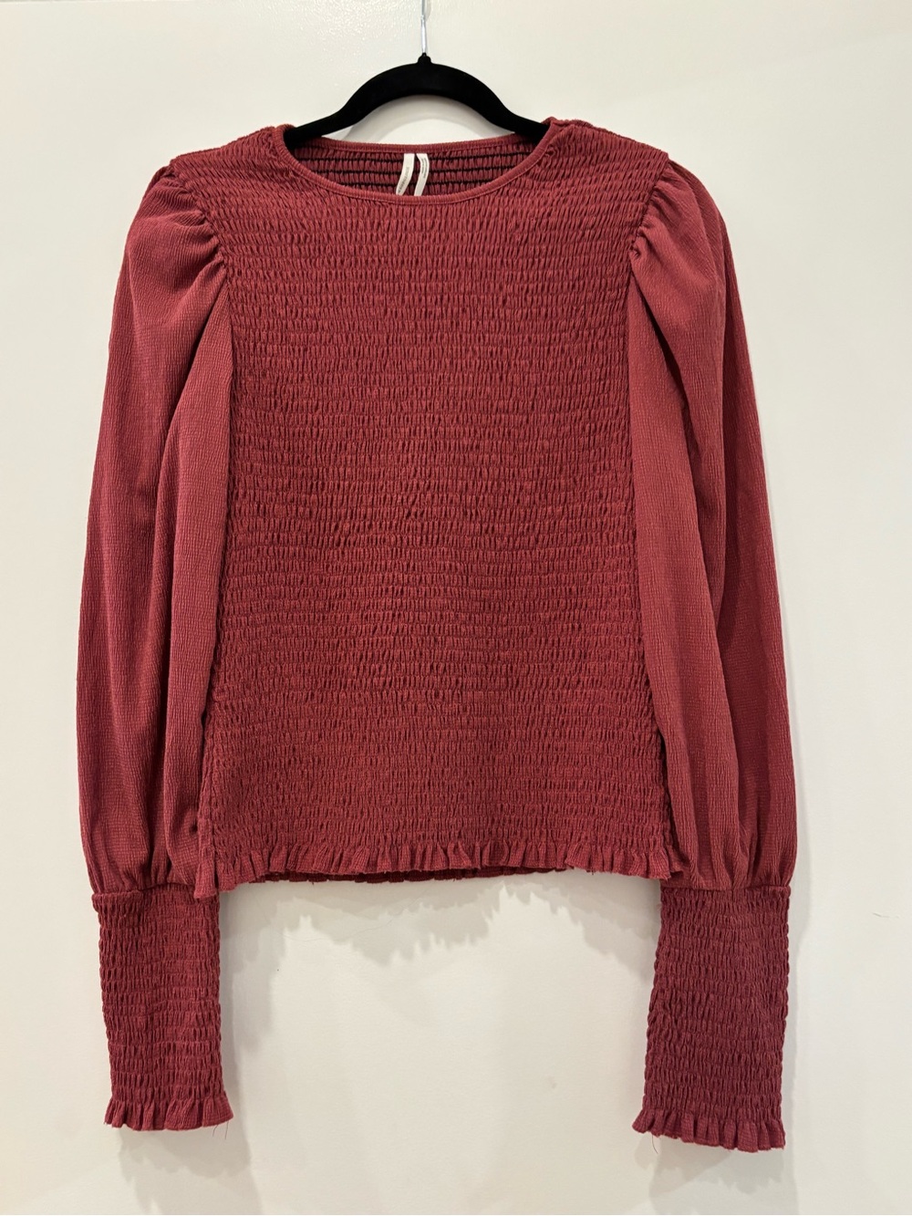 Anthropologie Smocked Long Sleeve Mock Neck textured ruffled sleeve Boho Chic